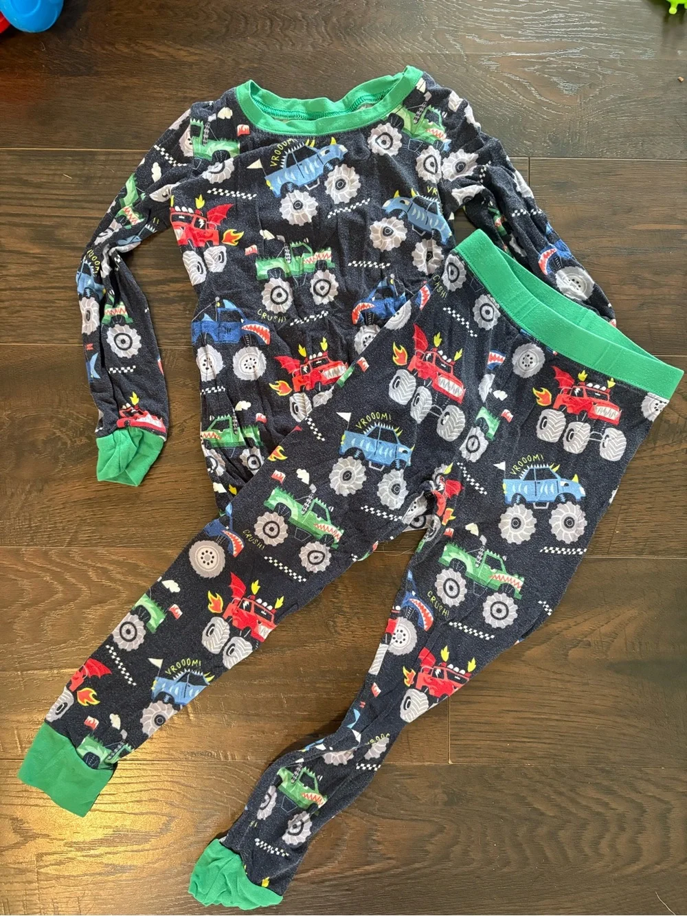 Little Sleepies Navy Monster Truck Pajama Set with Green Trim